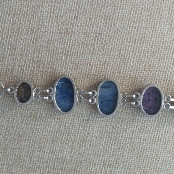 Sterling Silver Vintage Multi -Stone Tiger Eye, Sodalite Bracelet - Picture 7 of 12